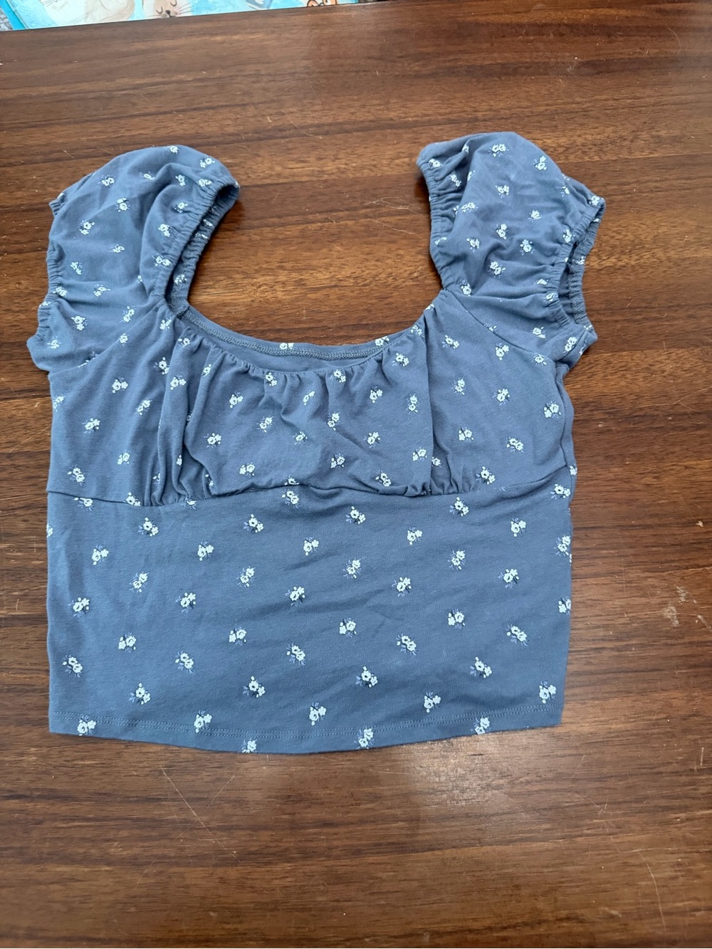 Hollister Navy Blue Floral Puff-Sleeve Crop Top